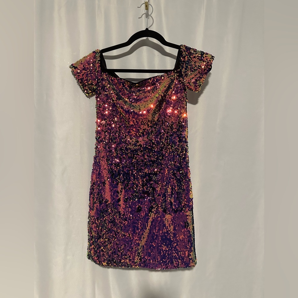 Forever 21 Sequin Off-Shoulder Dress - Purple/Pink/Blue and Gold Size S